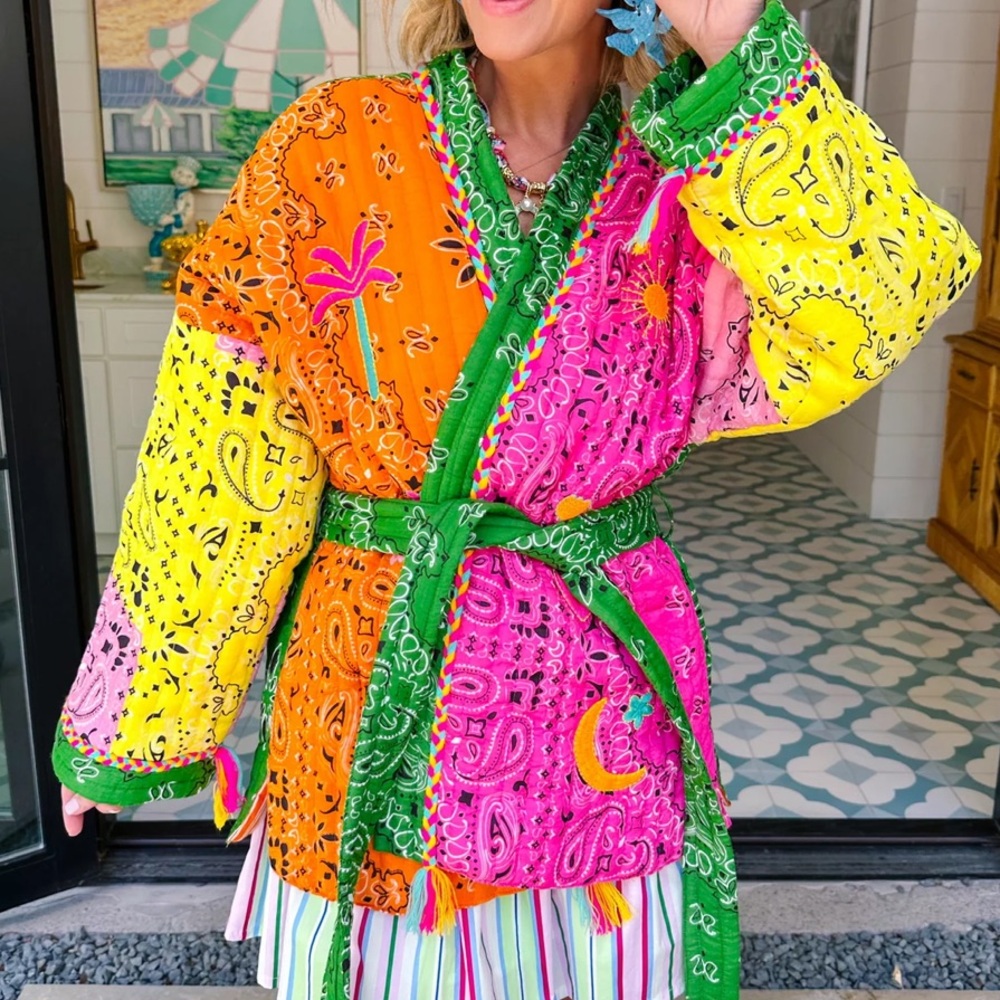 Colorblock Bandana Kimono Jacket with Tassel Belt